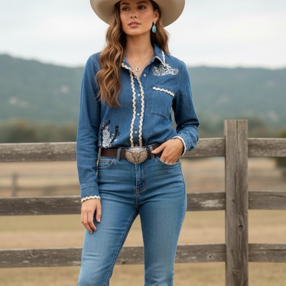 Blue B women’s indigo ric tac embroidered Shirt with Details S western boho rode